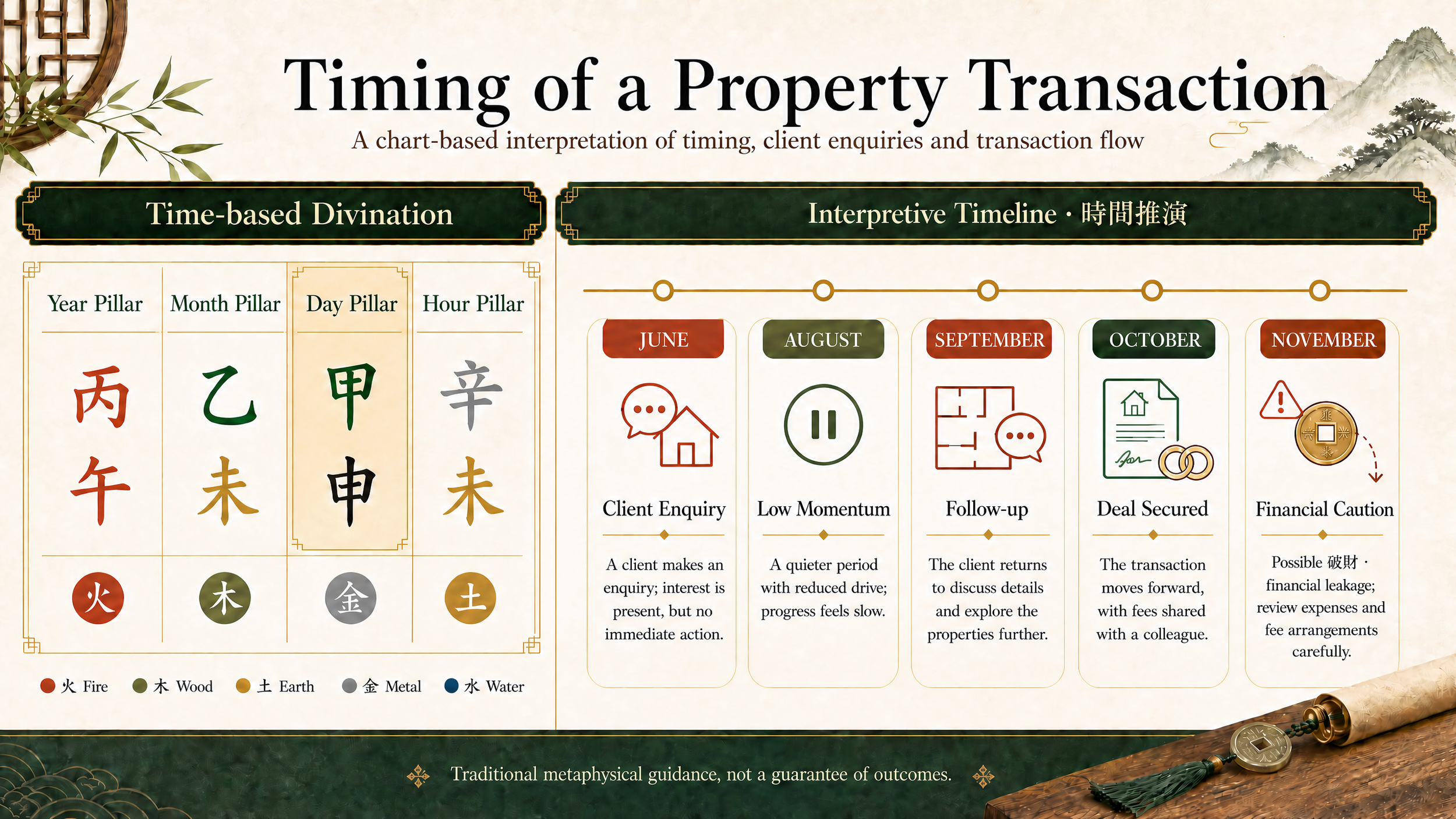 A chart titled 'Timing of a Property Transaction' showing interpretation timeline with months June to November and an explanation of various stages like client enquiry in June, low momentum in August, follow-up in September, deal secured in October, and financial caution in November. It also depicts elements related to traditional Chinese metaphysical guidance.