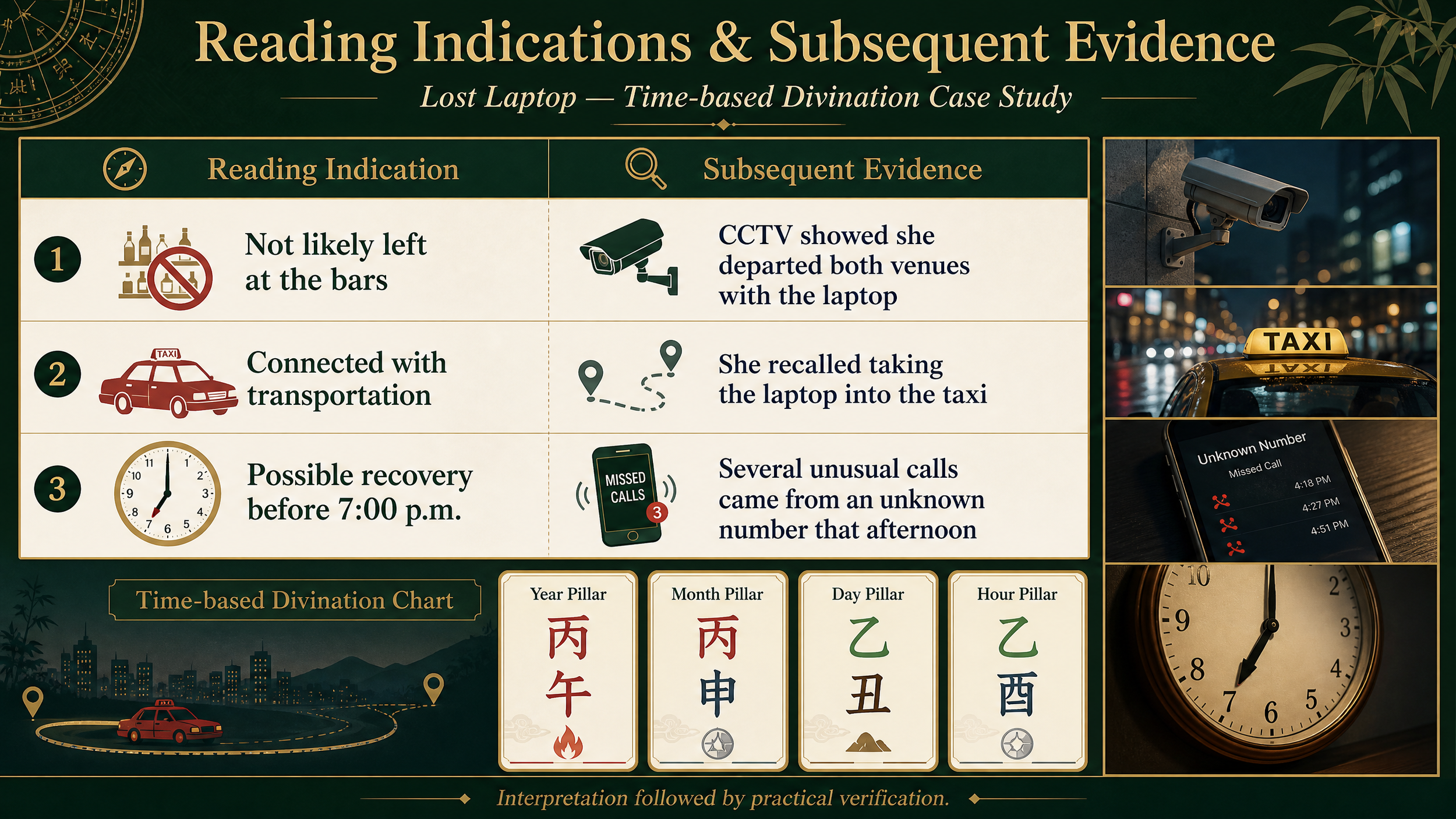 An infographic showing a time-based divination case study with three sections: 1) She was likely not at the bars, evidenced by CCTV footage of her leaving with a laptop, 2) She was connected with transportation, recalled taking a taxi, 3) She possibly recovered before 7:00 p.m., with missed calls from an unknown number. The image includes clocks, a security camera, and phone screenshots, along with Chinese characters and icons.