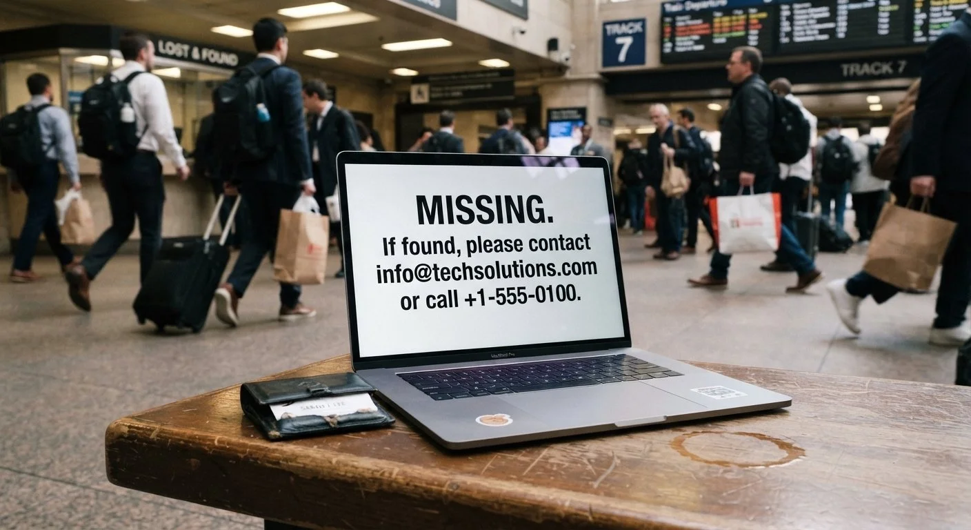 A laptop on a wooden table displays a sign that reads 'MISSING. If found, please contact info@techsolutions.com or call +1-555-0100.' In the background, there is a busy airport terminal with travelers walking and carrying luggage, with signs and schedules visible above.