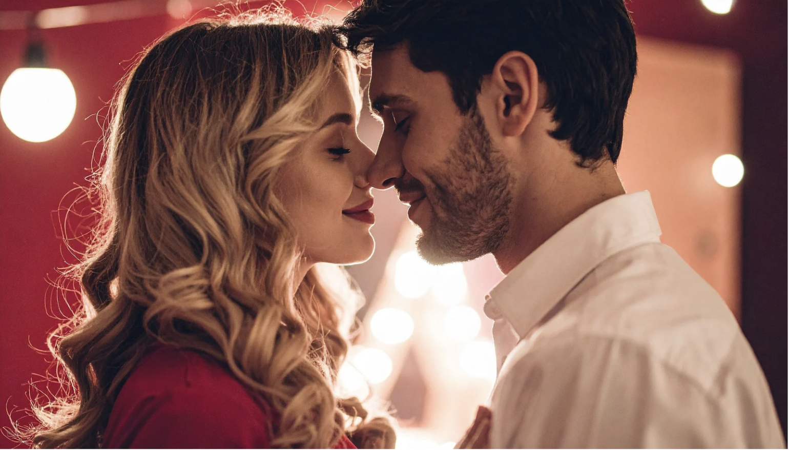 A man and woman face each other with their foreheads touching, eyes closed, in an intimate moment.