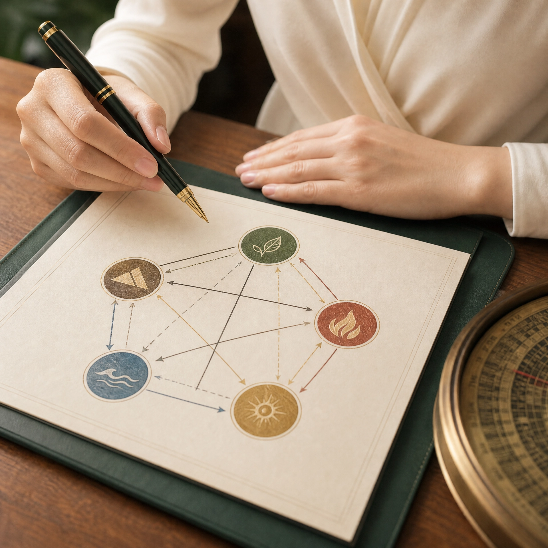 Close-up of a person writing with a black and gold pen on a environmentally-themed diagram or infographic on paper, with visible icons representing nature, water, fire, and sun.