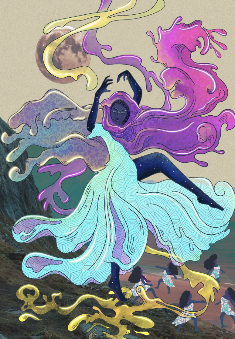 A colorful, artistic depiction of a woman with flowing hair and a long dress, standing on a rocky shoreline. The background features a full moon and a cloudy sky. Several smaller figures are walking along the beach in the background.