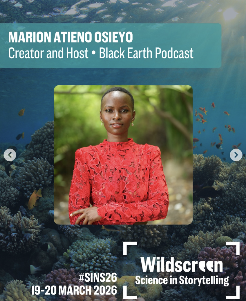 A conference poster featuring Marion Atieno Osieyo, creator and host of Black Earth Podcast, with a background of underwater coral and fish, promoting the Widscreen Science in Storytelling event on March 19-20, 2026, with hashtags #SINS26.