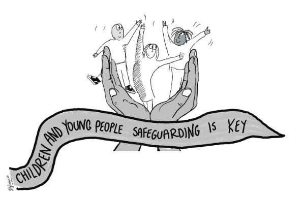 An illustration of three children standing on a large open hand, with a banner below that reads, "Children and young people safeguarding is key."