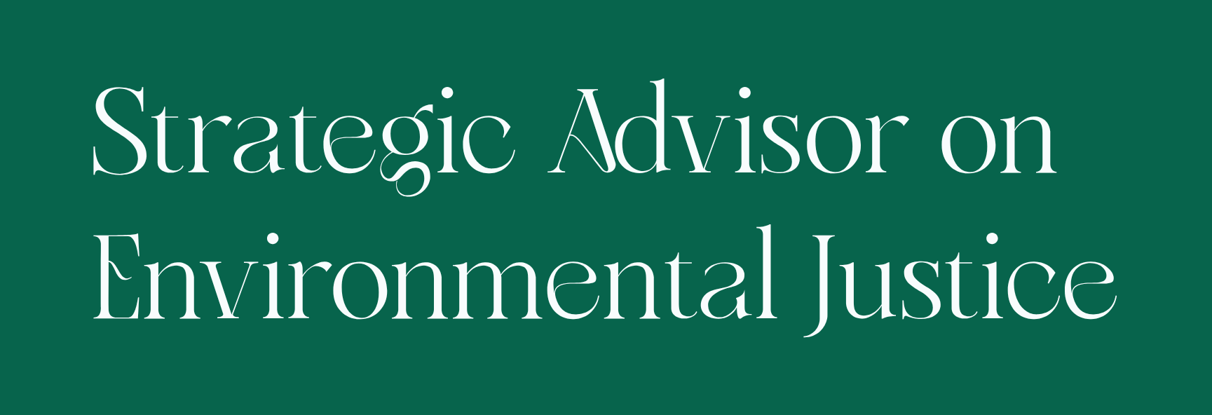 Text saying "Strategic Advisor on Environmental Justice" on a green background.