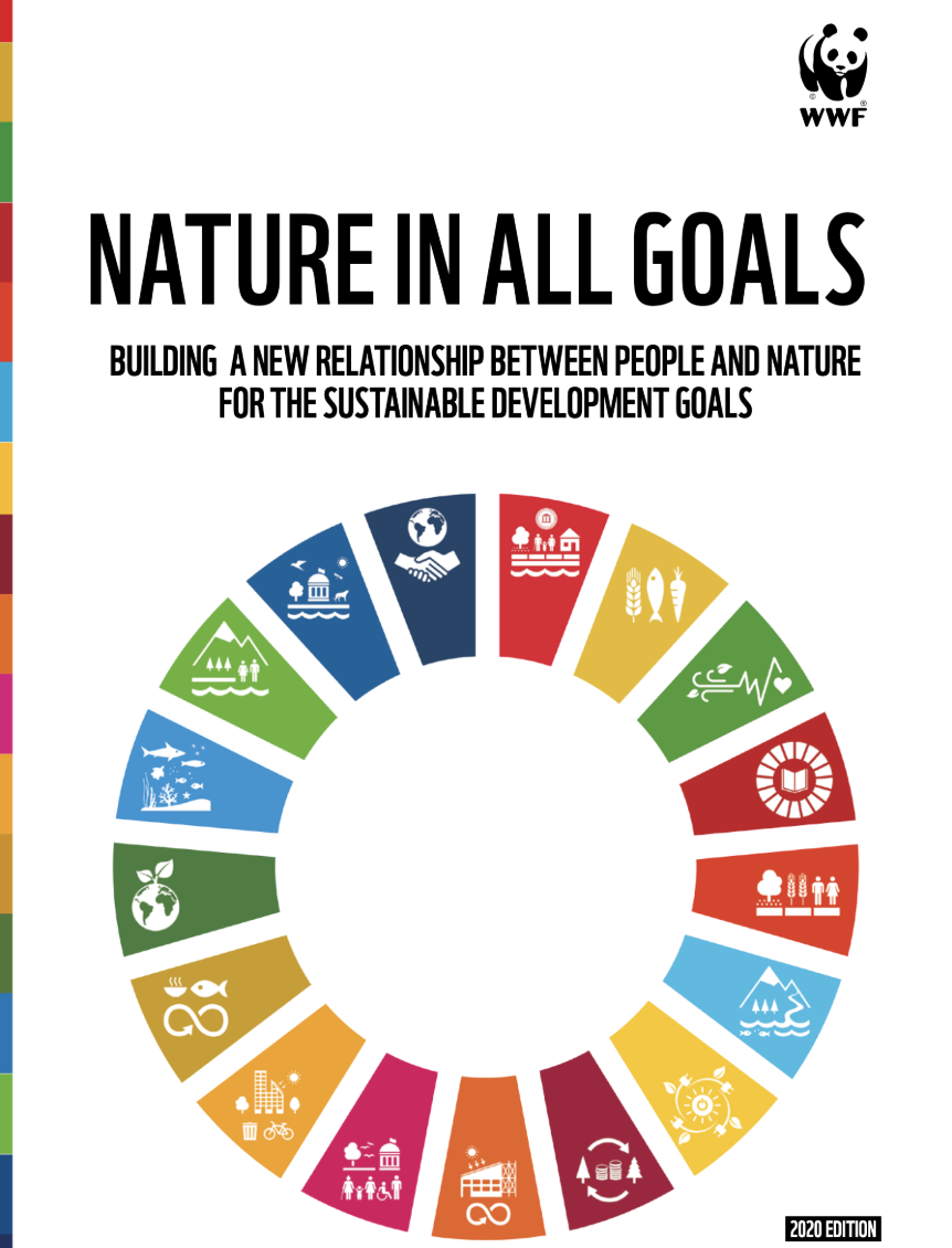 Cover page of a publication titled 'Nature in All Goals' by WWF, showing the 17 Sustainable Development Goals icons arranged in a circle, with the WWF logo and the year 2020.
