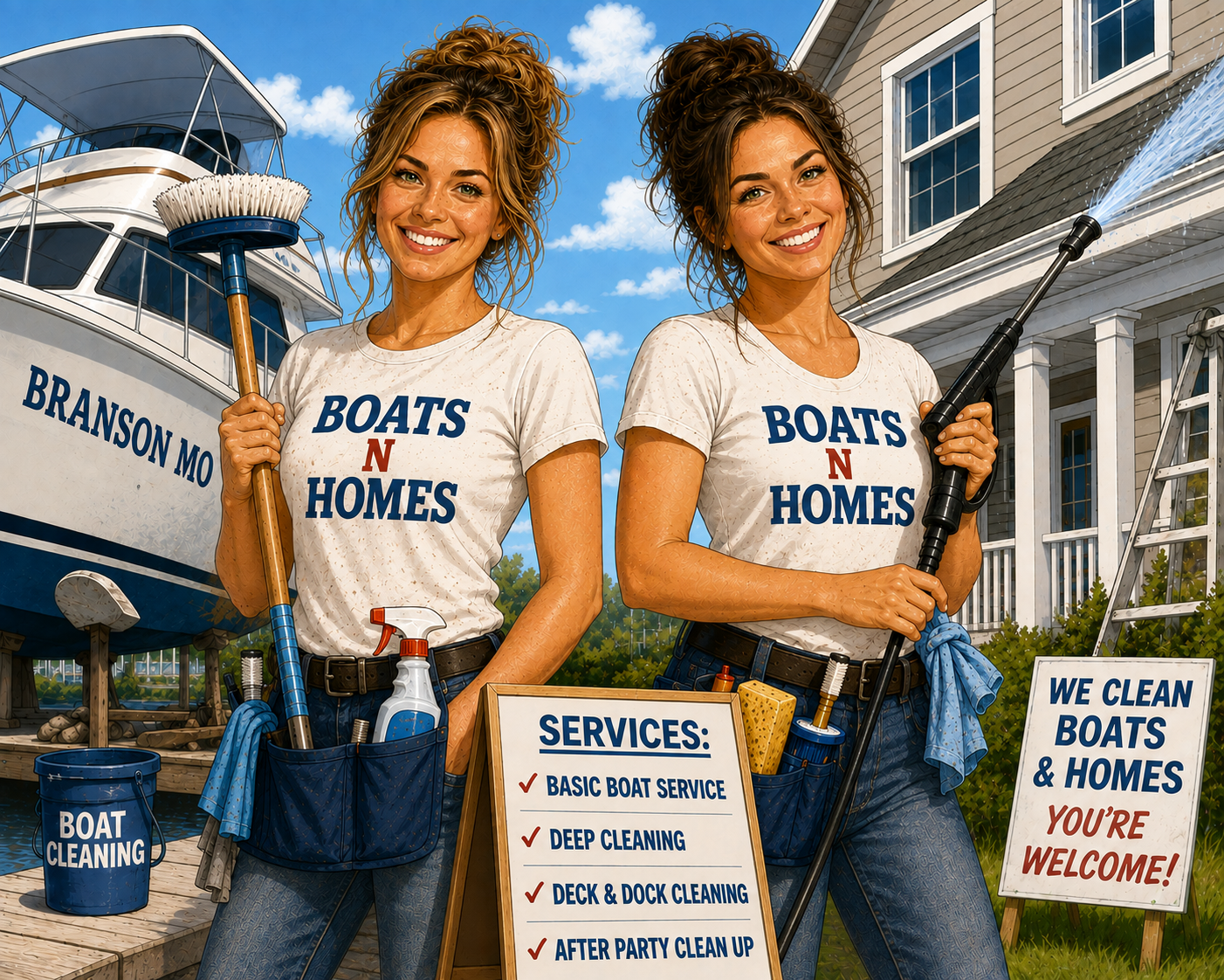 Two girls ready to clean boats n homes for branson mo