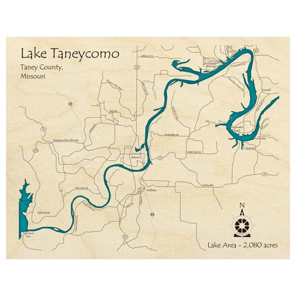 Map of Lake Taneycomo in Taney County, Missouri, showing the lake's outline, surrounding roads, and nearby landmarks.