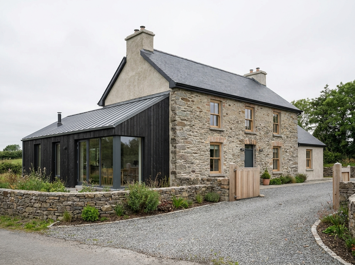 A stone and black wood exterior house with a metal roof and multiple windows, surrounded by a gravel driveway and a landscaped garden with plants and shrubs.