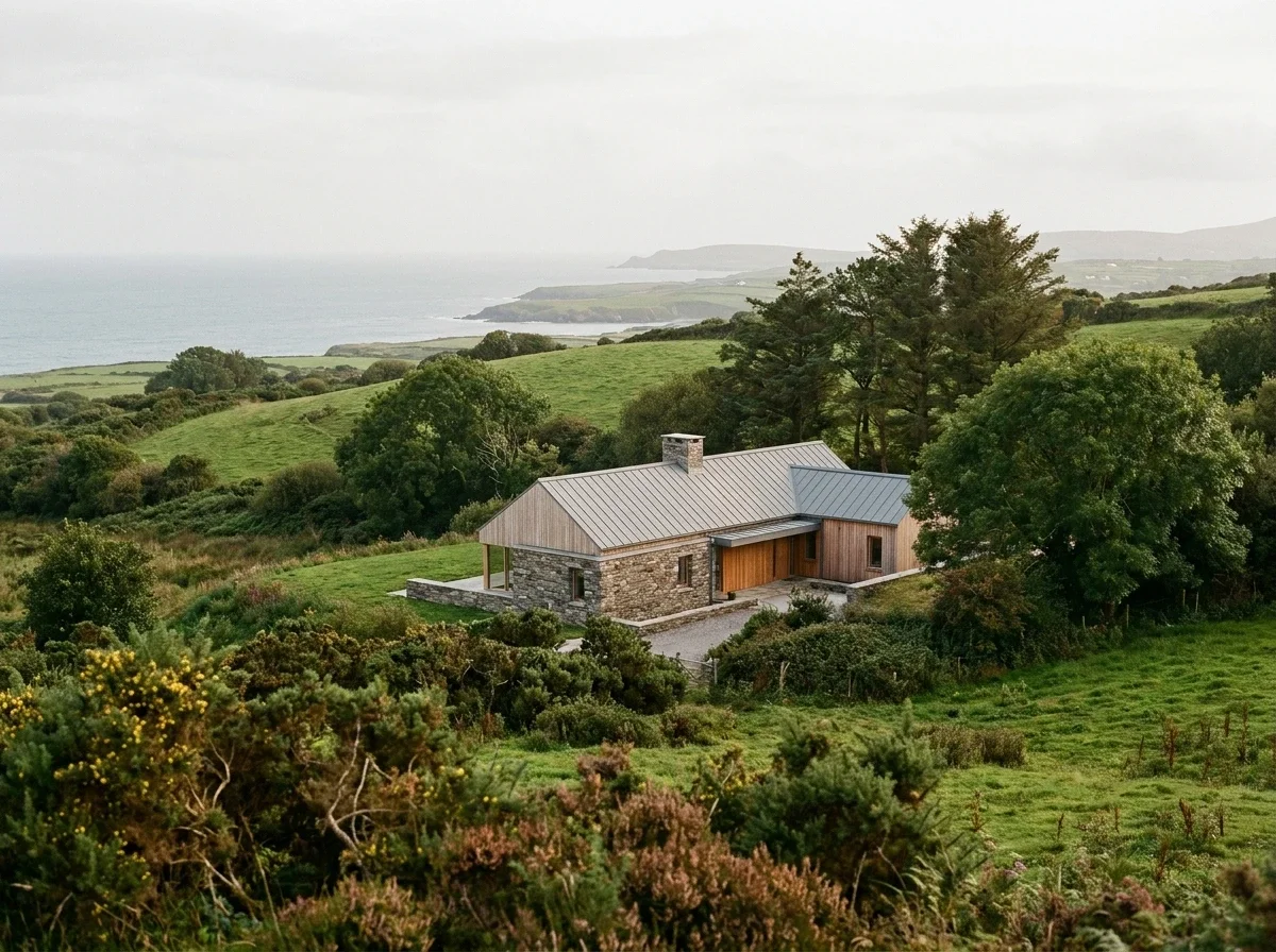 A rustic house with a stone and wood exterior, metal roof, in a lush green landscape with trees and rolling hills in the distance, near the coast.