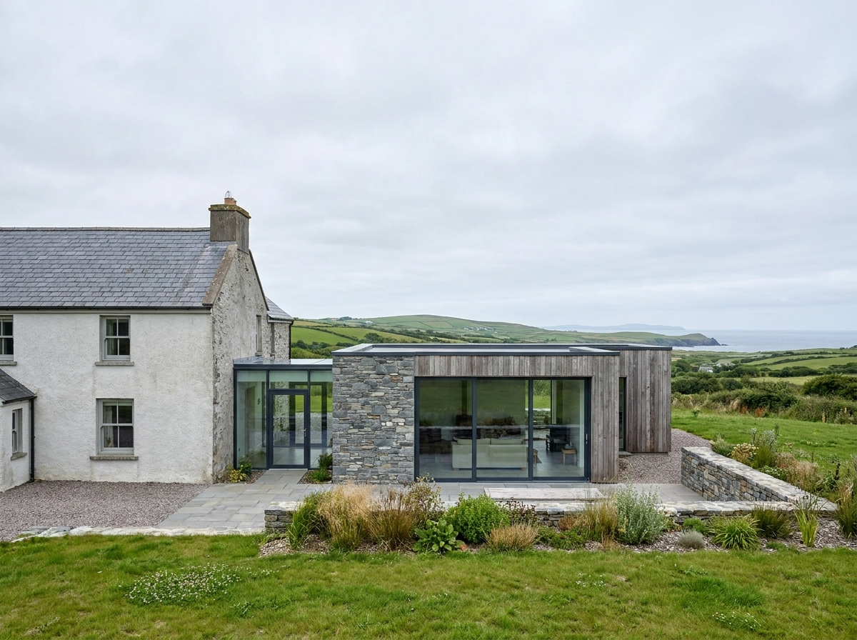 A house with traditional white stone exterior and a modern extension with stone, wood, and glass, situated in a rural landscape with green hills and a distant coastline under cloudy skies.