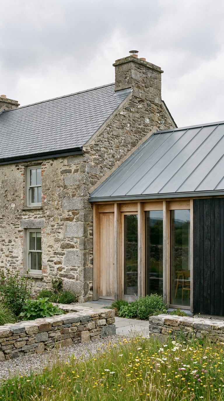 A stone house with two visible windows, a slate roof, and a chimney. An adjacent modern extension with large glass doors, a metal roof, and wooden framing. A garden with flowering plants and a stone border in the foreground.