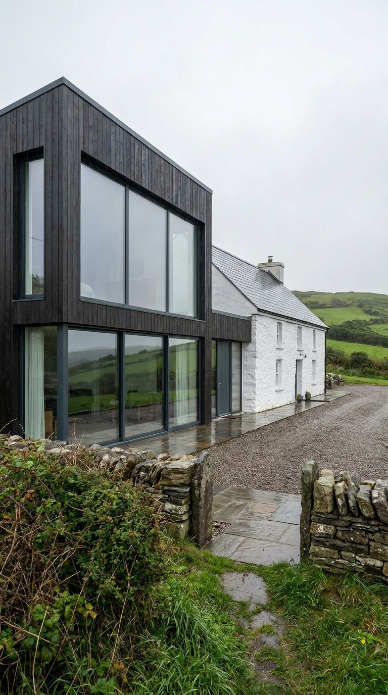 A modern two-story house built with dark wood and large glass windows, situated next to a traditional white stone cottage in a rural landscape with green hills in the background, on a rainy day.