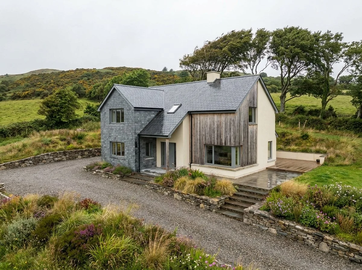 A modern house with a mix of gray shingle and wooden siding, situated in a rural area with green fields, trees, and a gravel driveway.