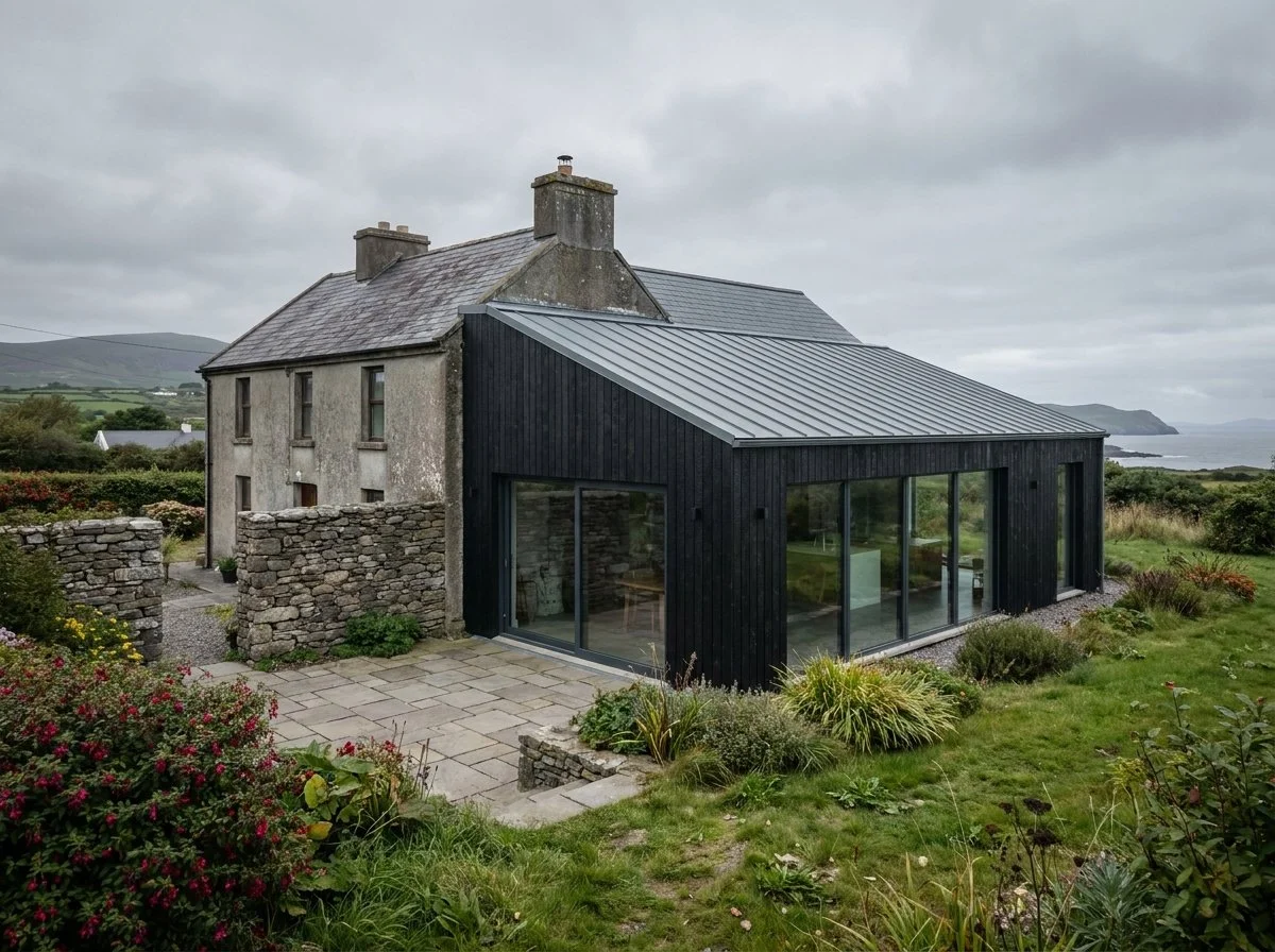 A hybrid house combining an old stone building with a modern black extension featuring large glass sliding doors and a metal roof, situated on a grassy landscape with garden shrubs and a view of distant hills and water under cloudy skies.