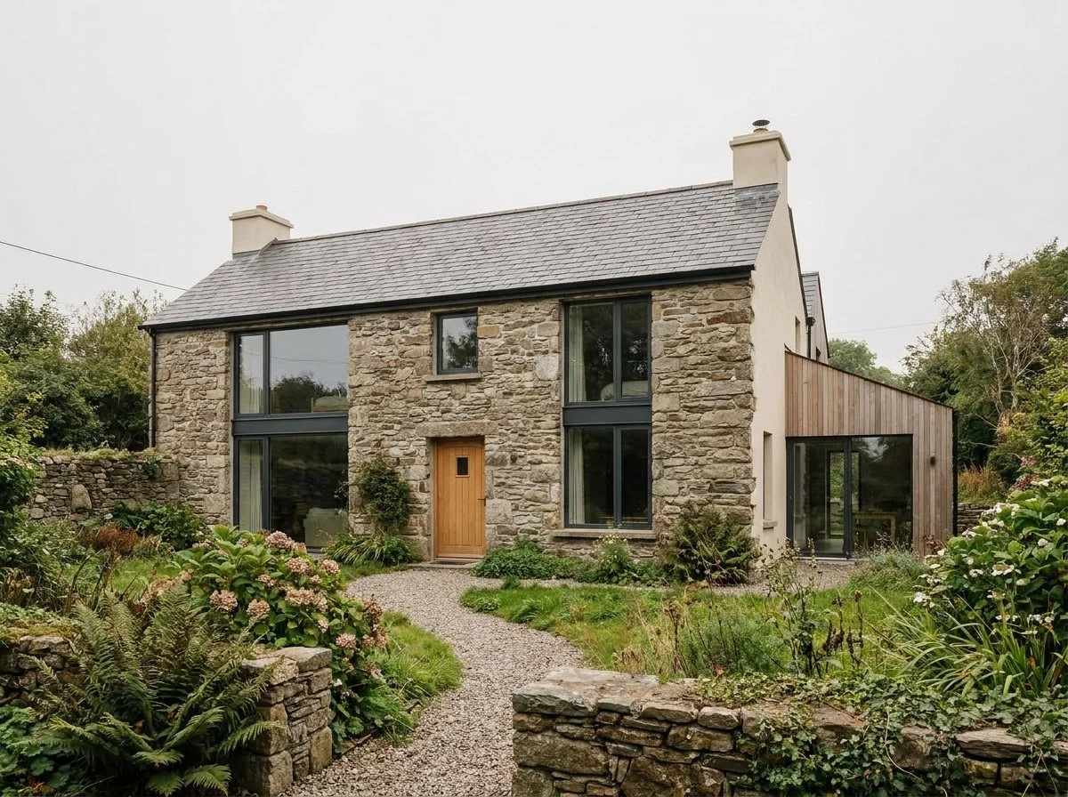 A two-story house with a stone facade, large windows, and a wooden front door, surrounded by a garden with various plants and a gravel pathway leading to the entrance.