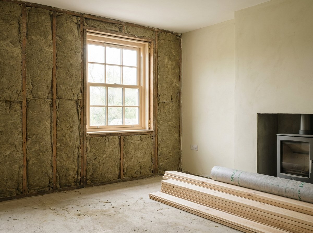 Room under renovation with exposed wall insulation, a window, and stacked wooden planks on the floor next to a built-in fireplace.