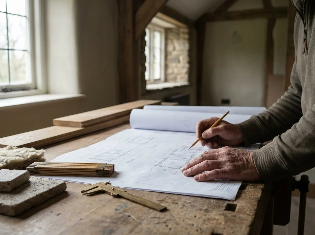Person working on architectural blueprints at a wooden table in a room with large windows and exposed wooden beams.
