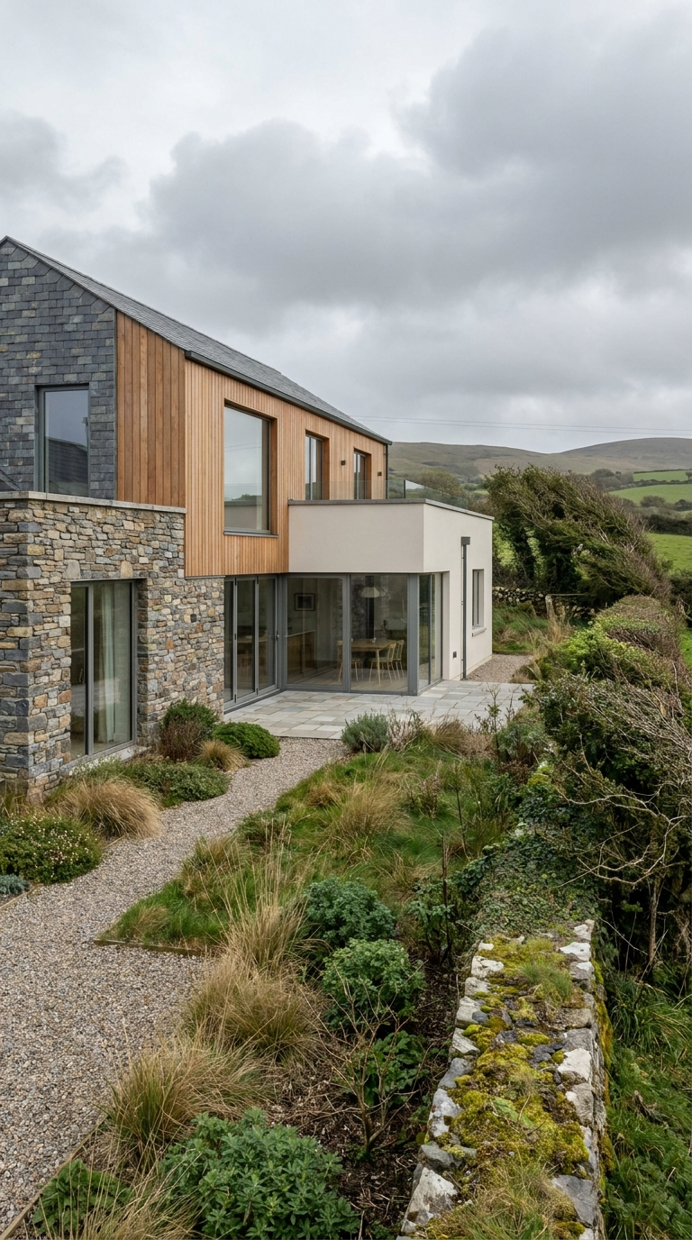 Modern house with stone, wood, and white exterior, surrounded by landscaped garden with plants, shrubs, and a gravel pathway, under cloudy sky.
