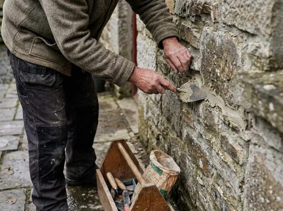 A person repairing a stone wall by applying mortar with a trowel.