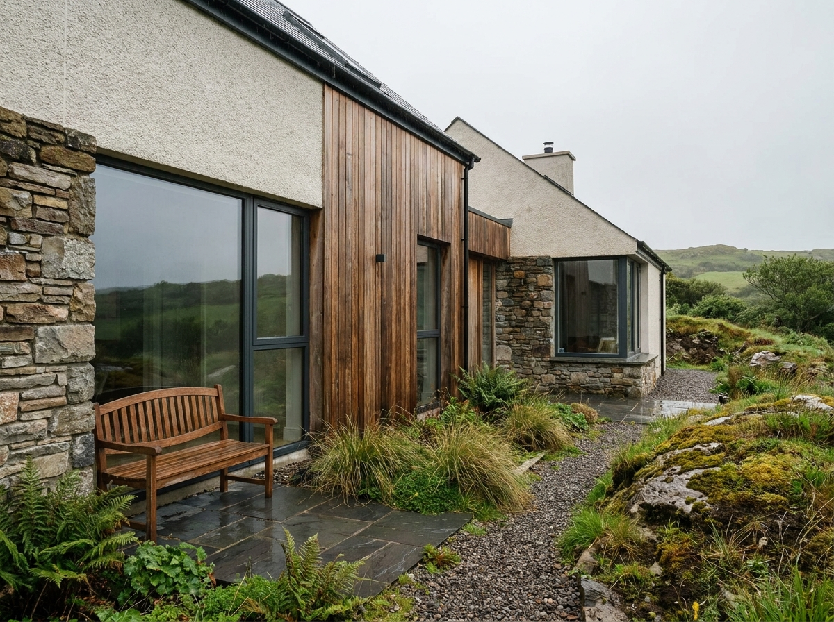 Exterior view of a modern house with stone and wooden siding, large windows, a wooden bench, and a garden with rocks and lush green plants, on an overcast day.