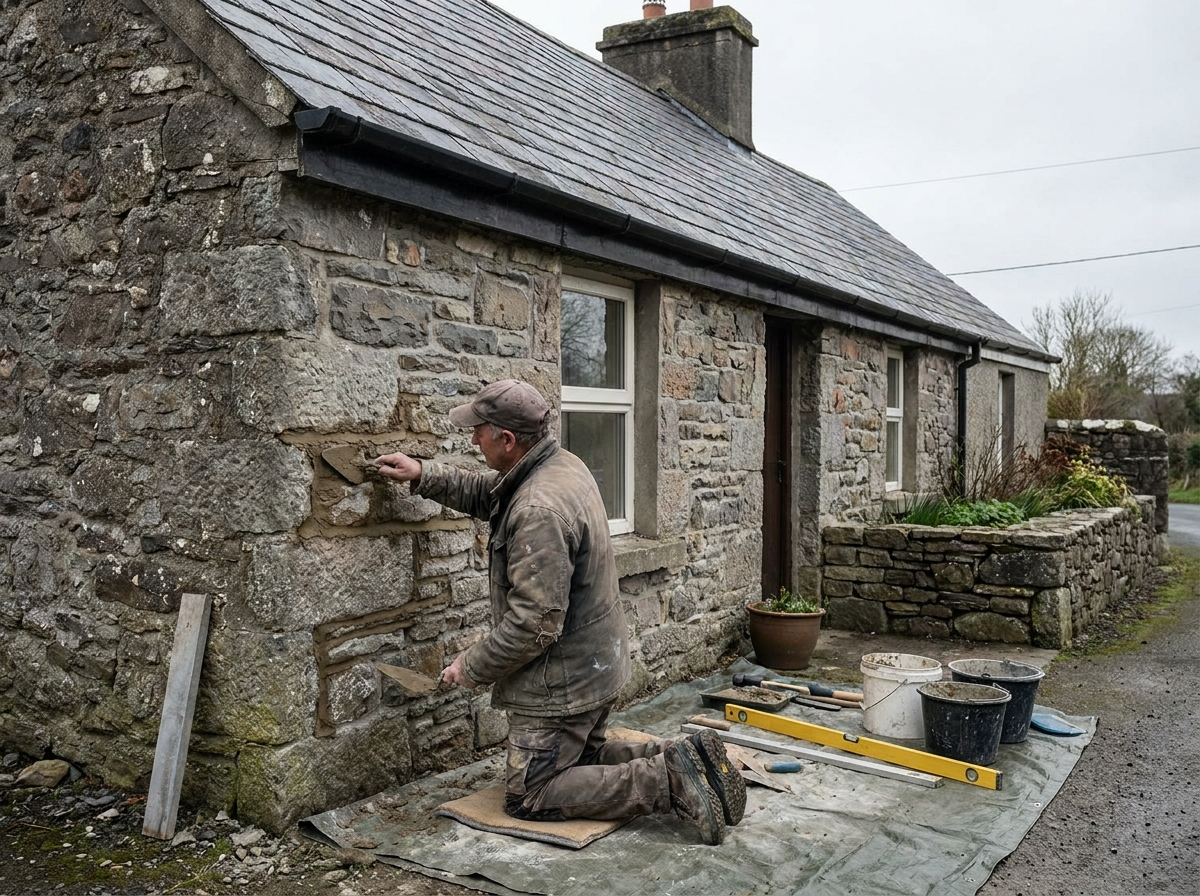 A man kneeling on a mat and repointing stonework on the exterior wall of a stone house with trowel and pointing material, surrounded by buckets and tools.