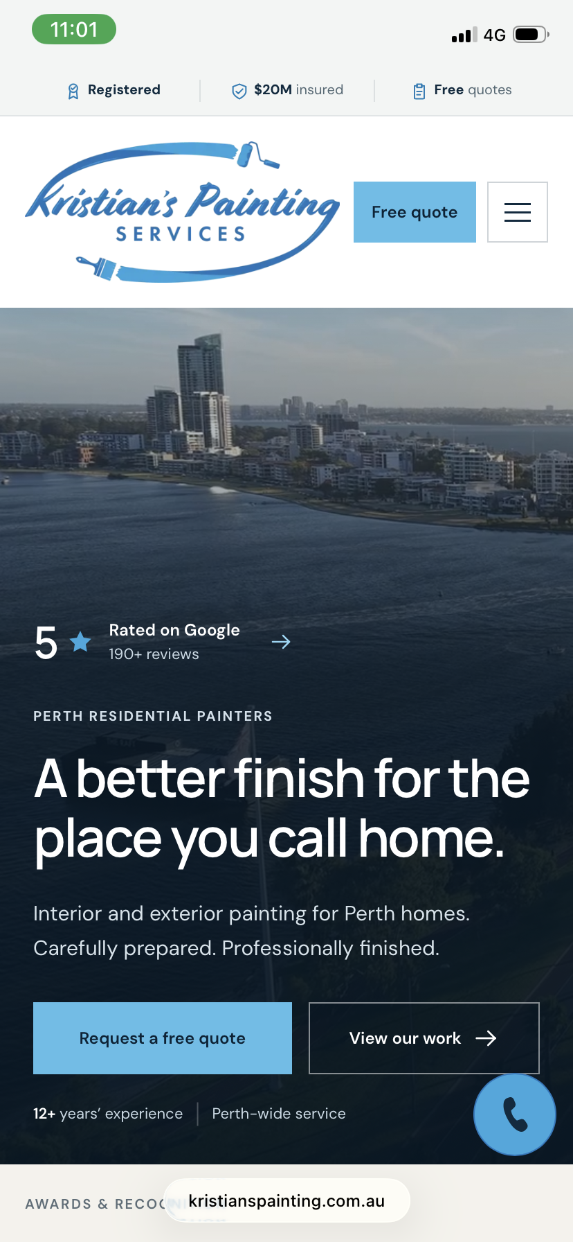 Redesigned mobile homepage for Perth painter Kristian’s Painting