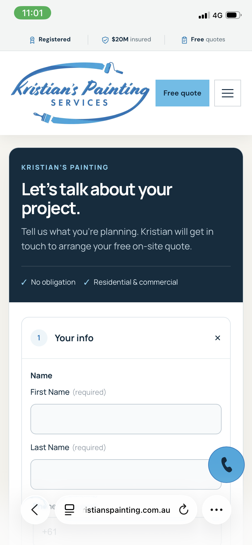 Mobile quote form collecting customer details for Kristian’s Painting