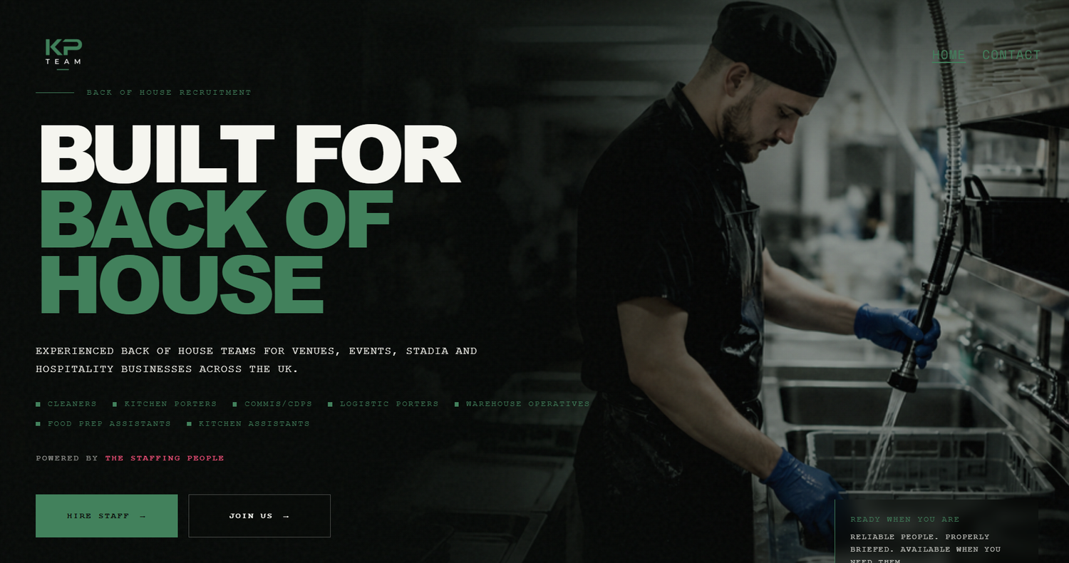 KP Team back-of-house recruitment website homepage designed by Slump Studio