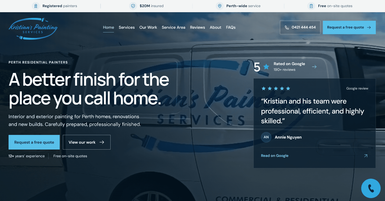 Kristian's Painting redesigned desktop homepage