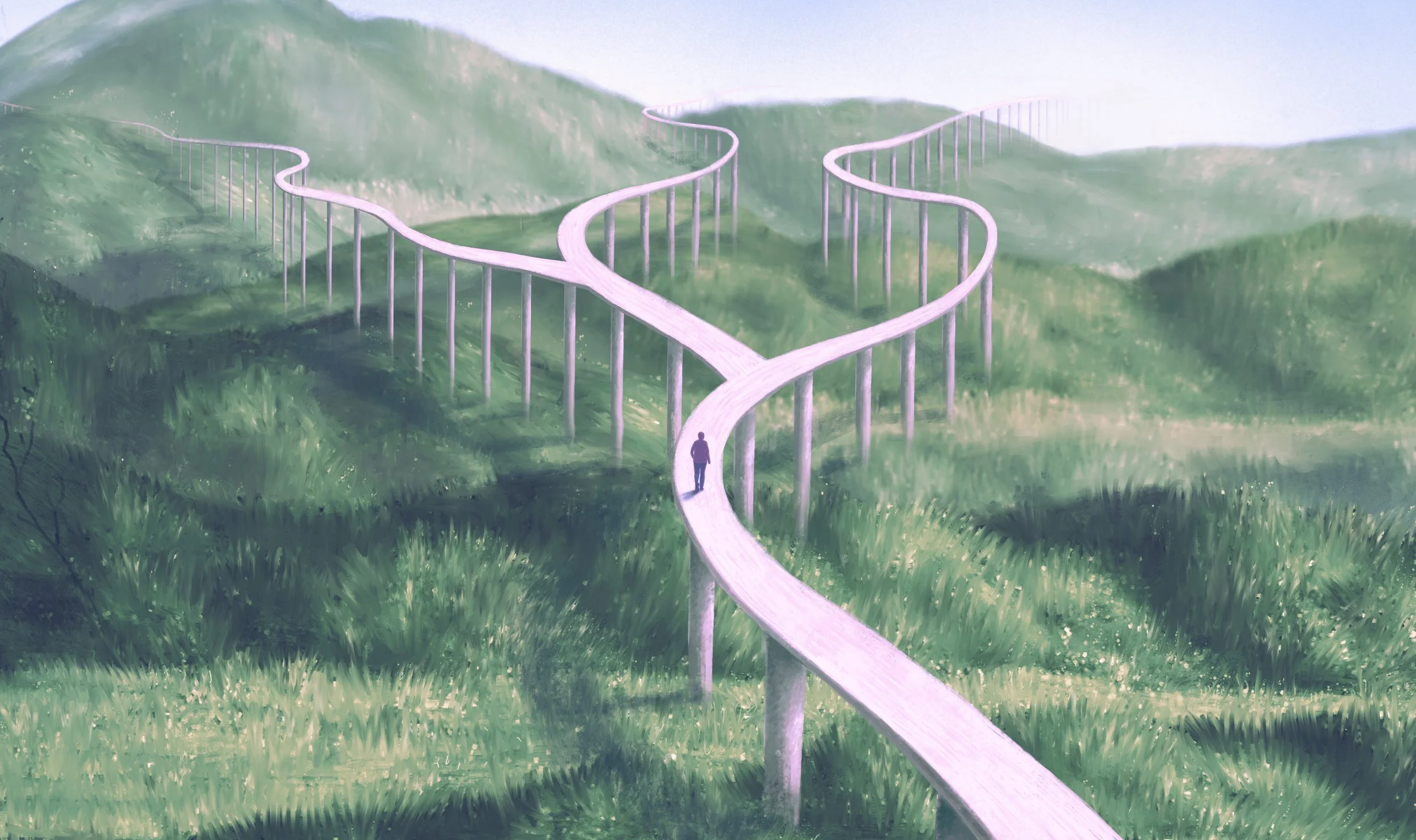 Digital illustration of a person walking along a winding elevated bridge in a green hilly landscape with misty mountains in the background.