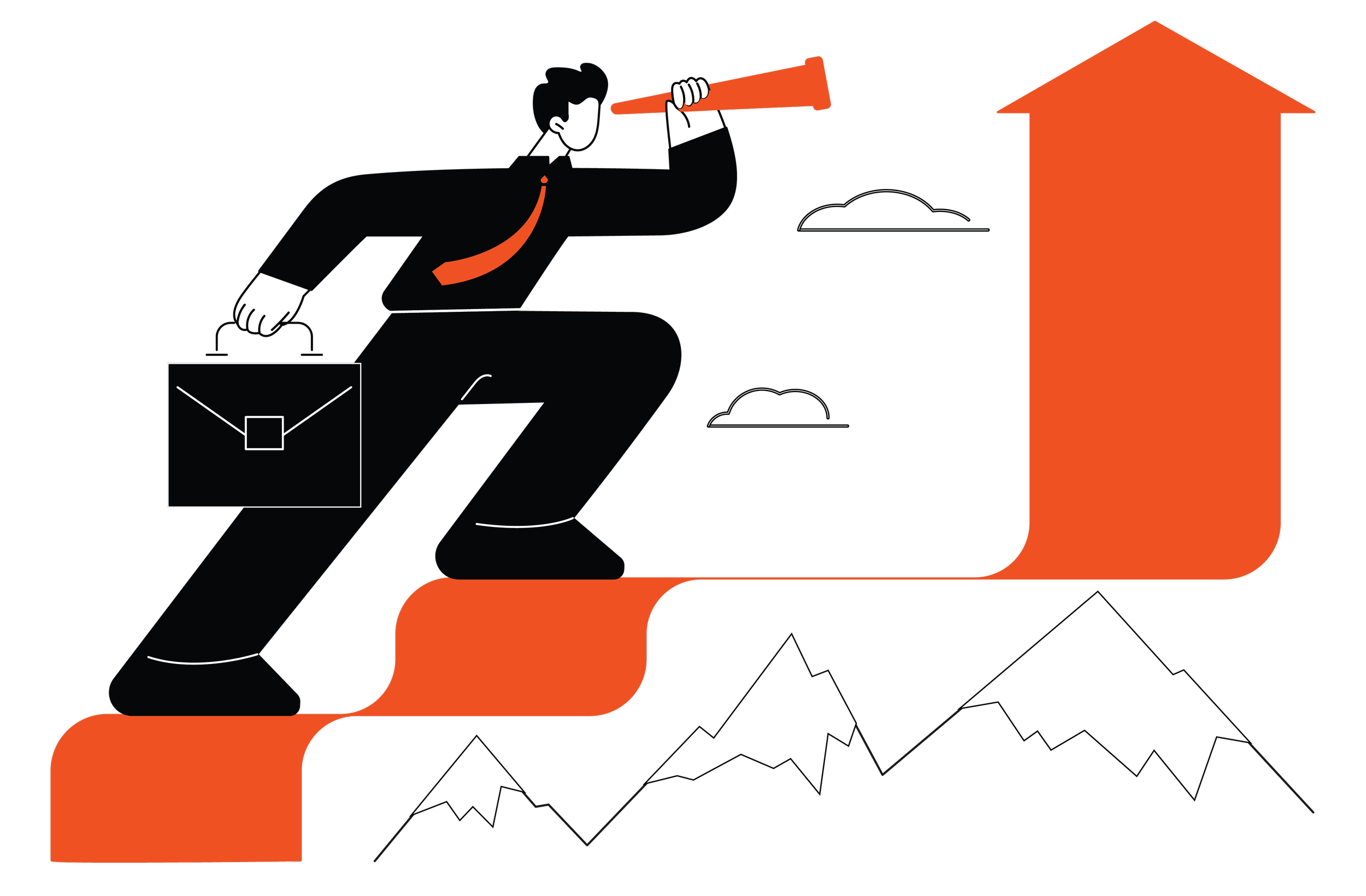 A graphic illustration of a person in a business suit with a briefcase, looking through a telescope, walking on a path towards a large red arrow pointing upward with mountains in the background.