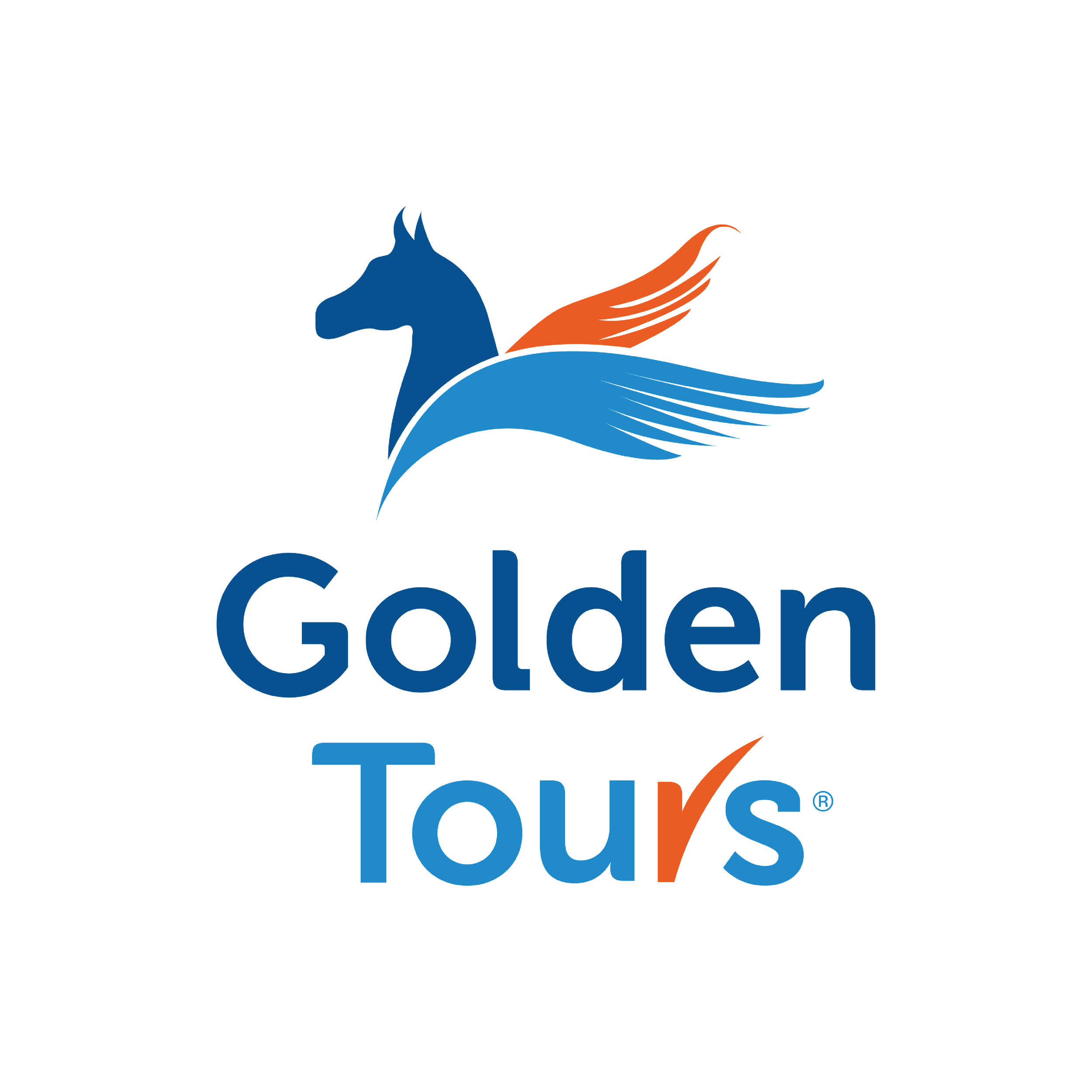 A logo with a stylized blue horse's head with an orange wing or flame attached to its back, and the text 'Golden Tours' in blue and orange letters.