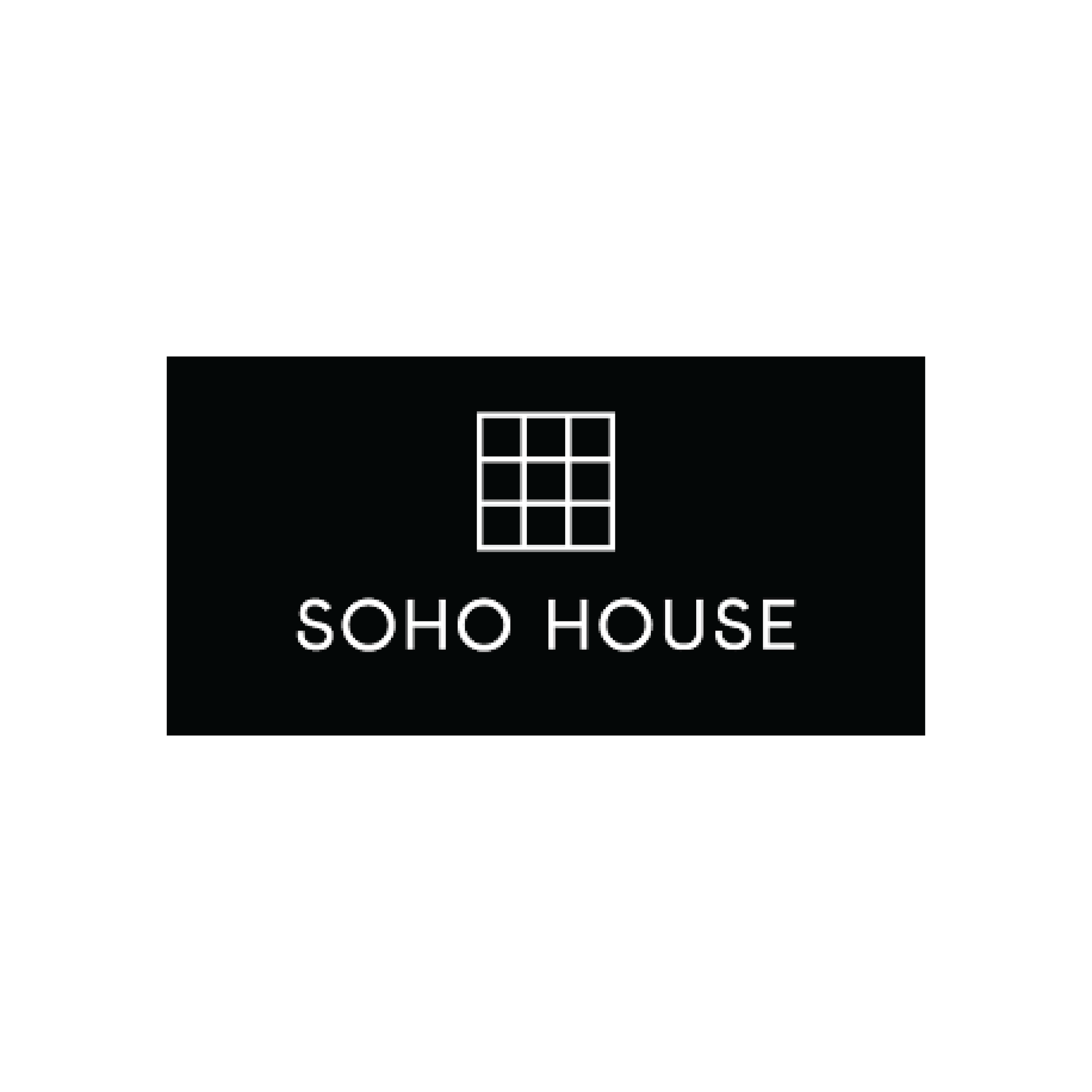 Logo for Soho House with a black background, a white grid-like house icon at the top, and the words 'SOHO HOUSE' in white capital letters below.