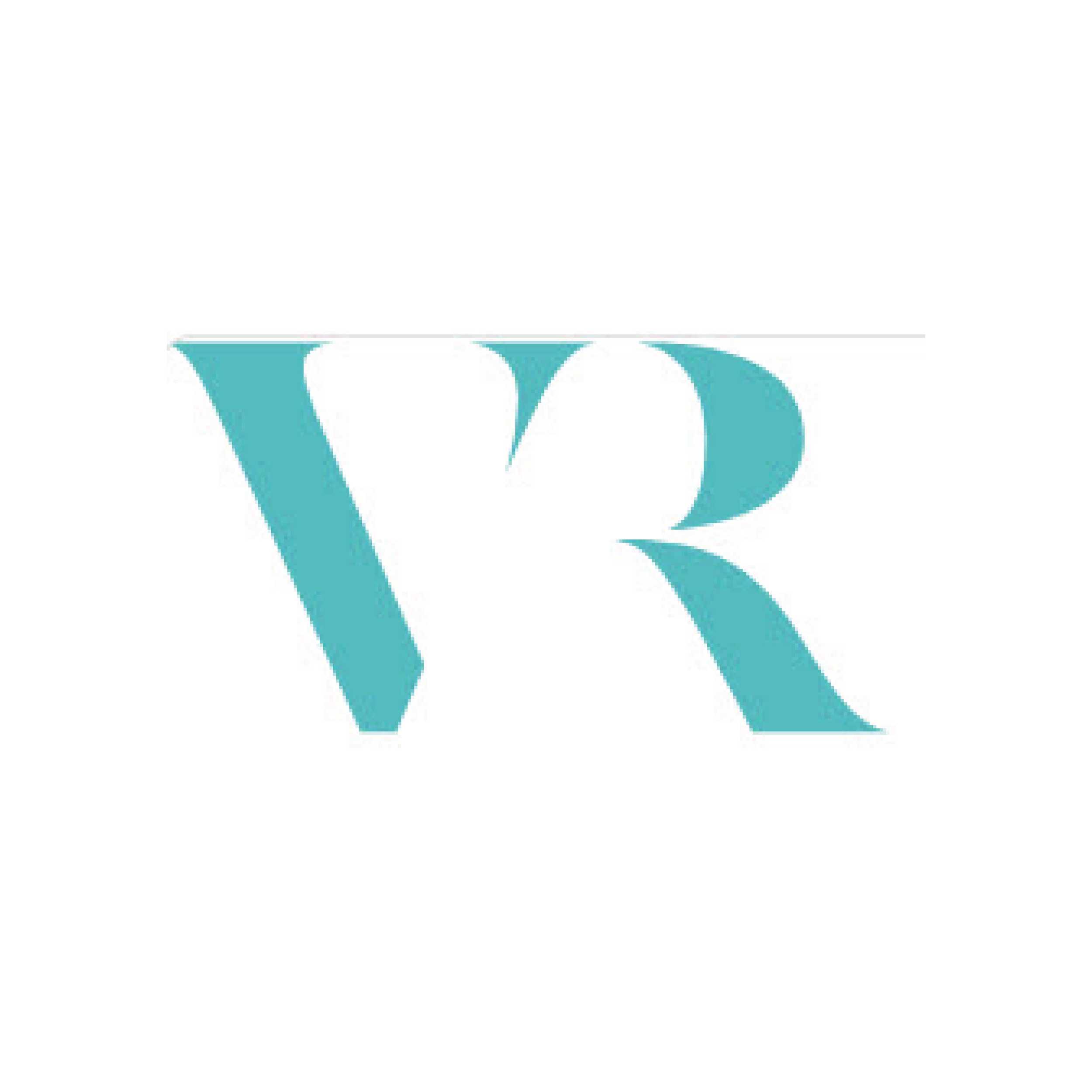Partial view of stylized teal and blue letter V, with the top part missing, on a white background.