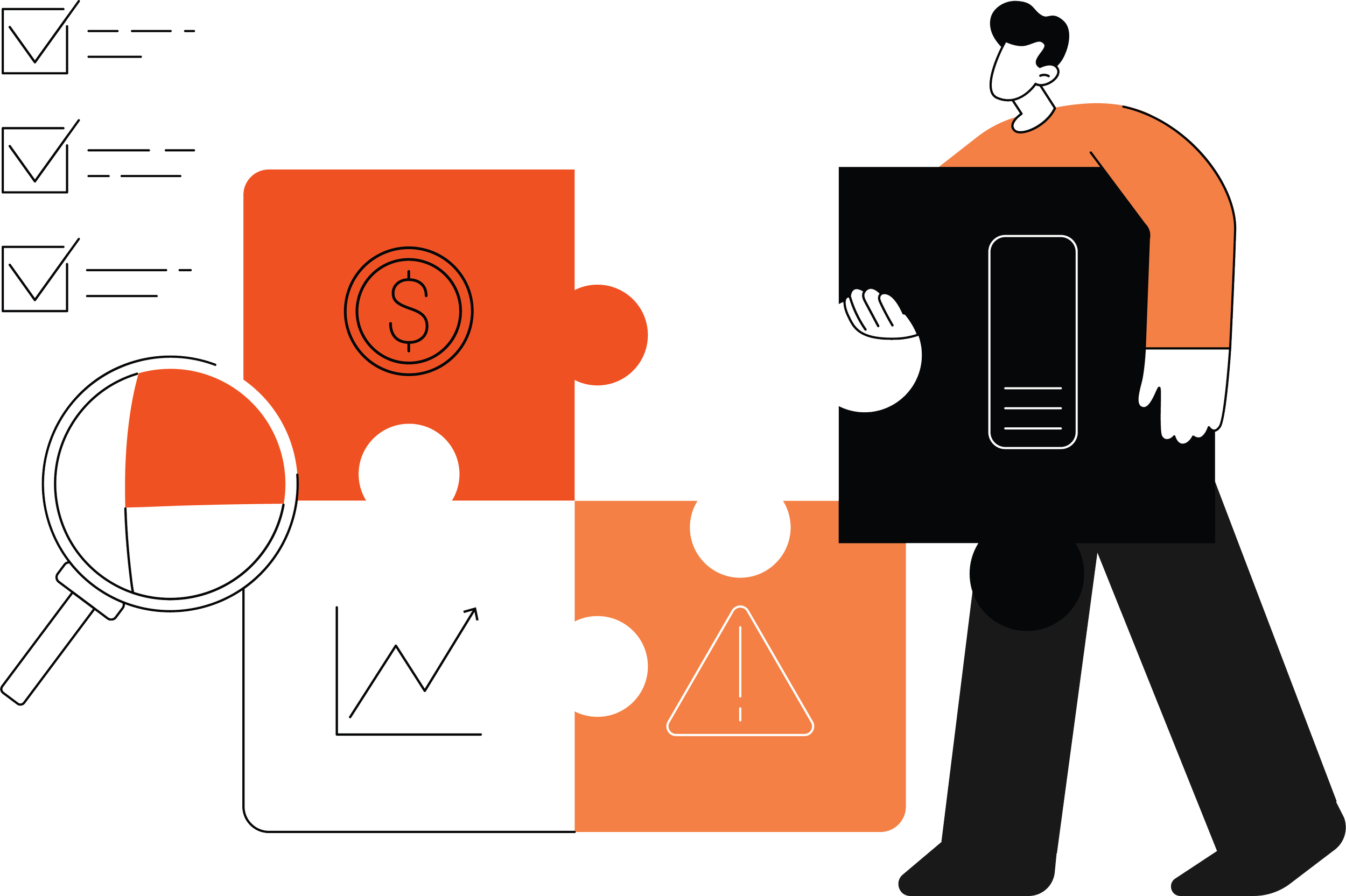 A person holding a tablet with puzzle pieces and icons representing finance, data, and analysis surrounding them.