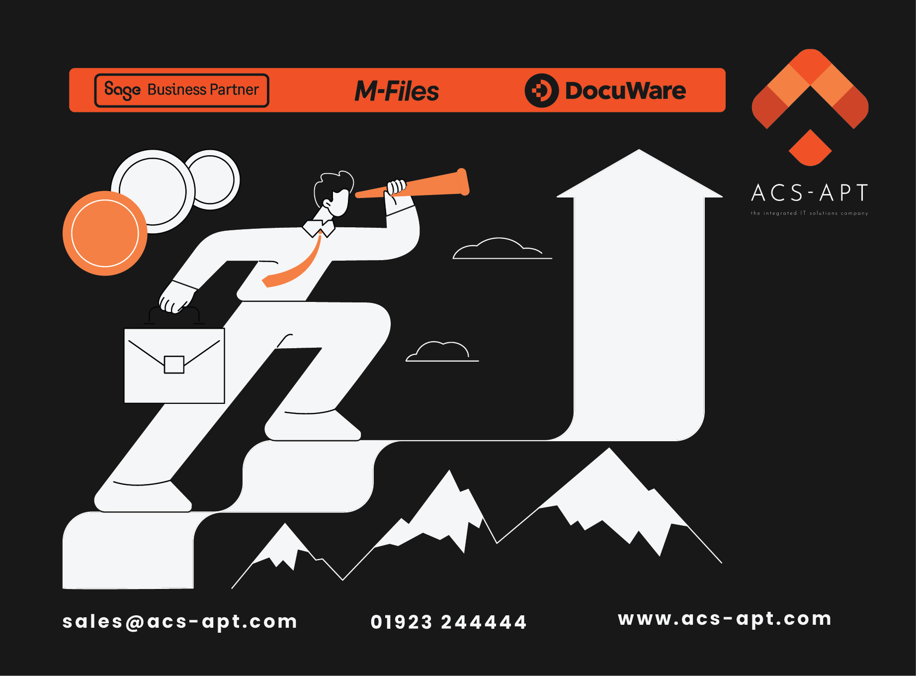 A black background featuring a stylized illustration of a person ascending a mountain path, looking through a telescope. The person is carrying a briefcase and has coins floating behind them. Various logos, including Sage Business Partner, M-Files, DocuWare, and ACS-APT, are displayed at the top and right side. At the bottom, contact information such as email, phone number, and website are listed.