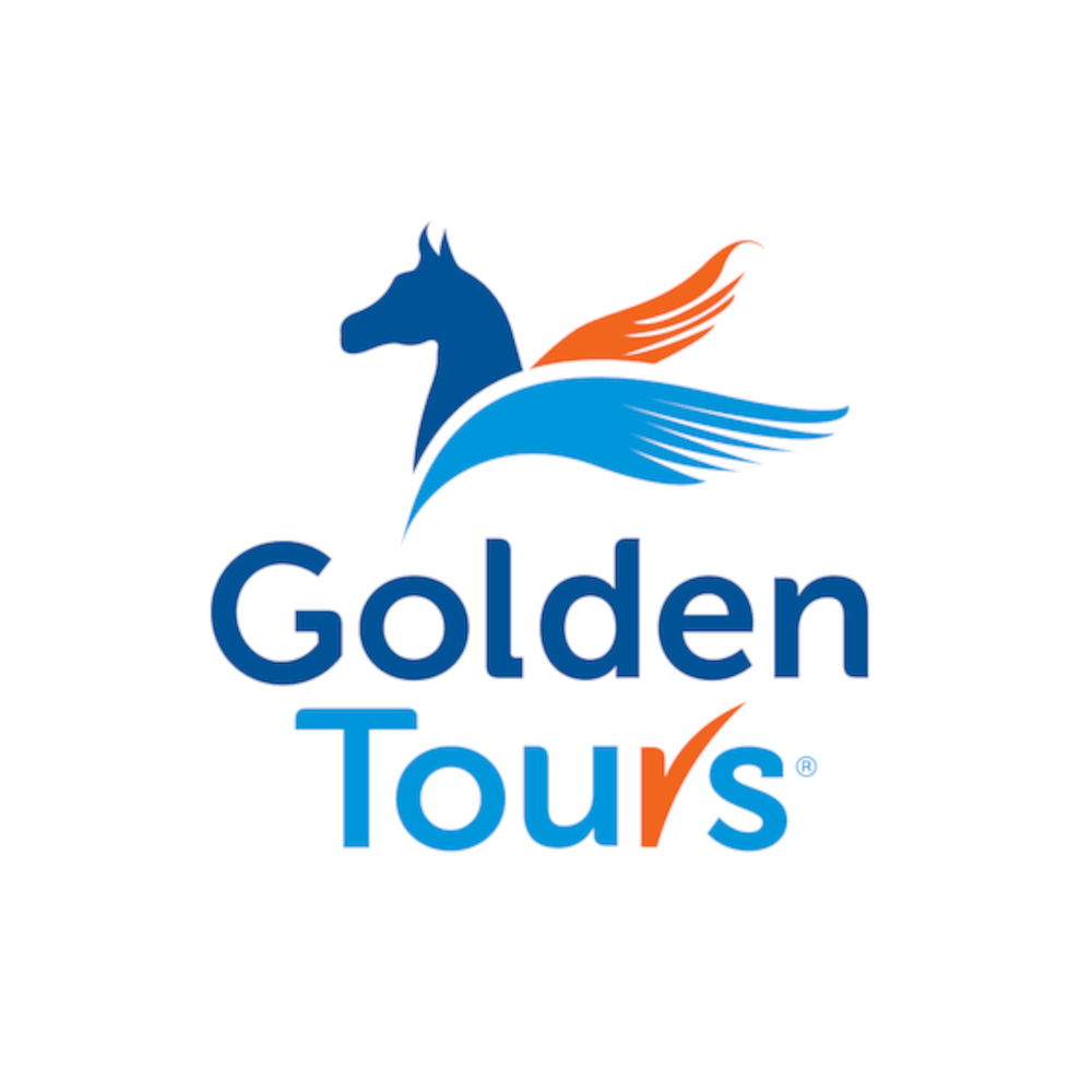 Logo for Golden Tours featuring a stylized blue horse with orange and blue wings, and the text 'Golden Tours' with a 'V' shaped accent.