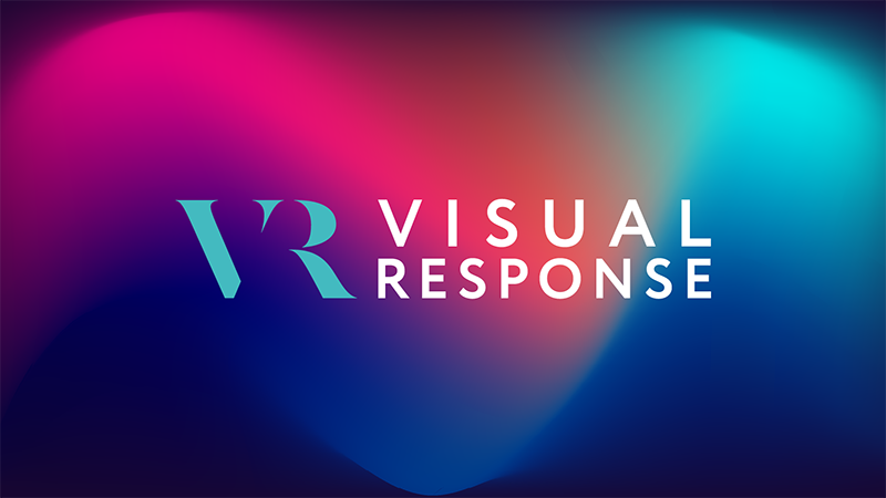 Colorful abstract background with the text 'VR Visual Response' in white and blue.