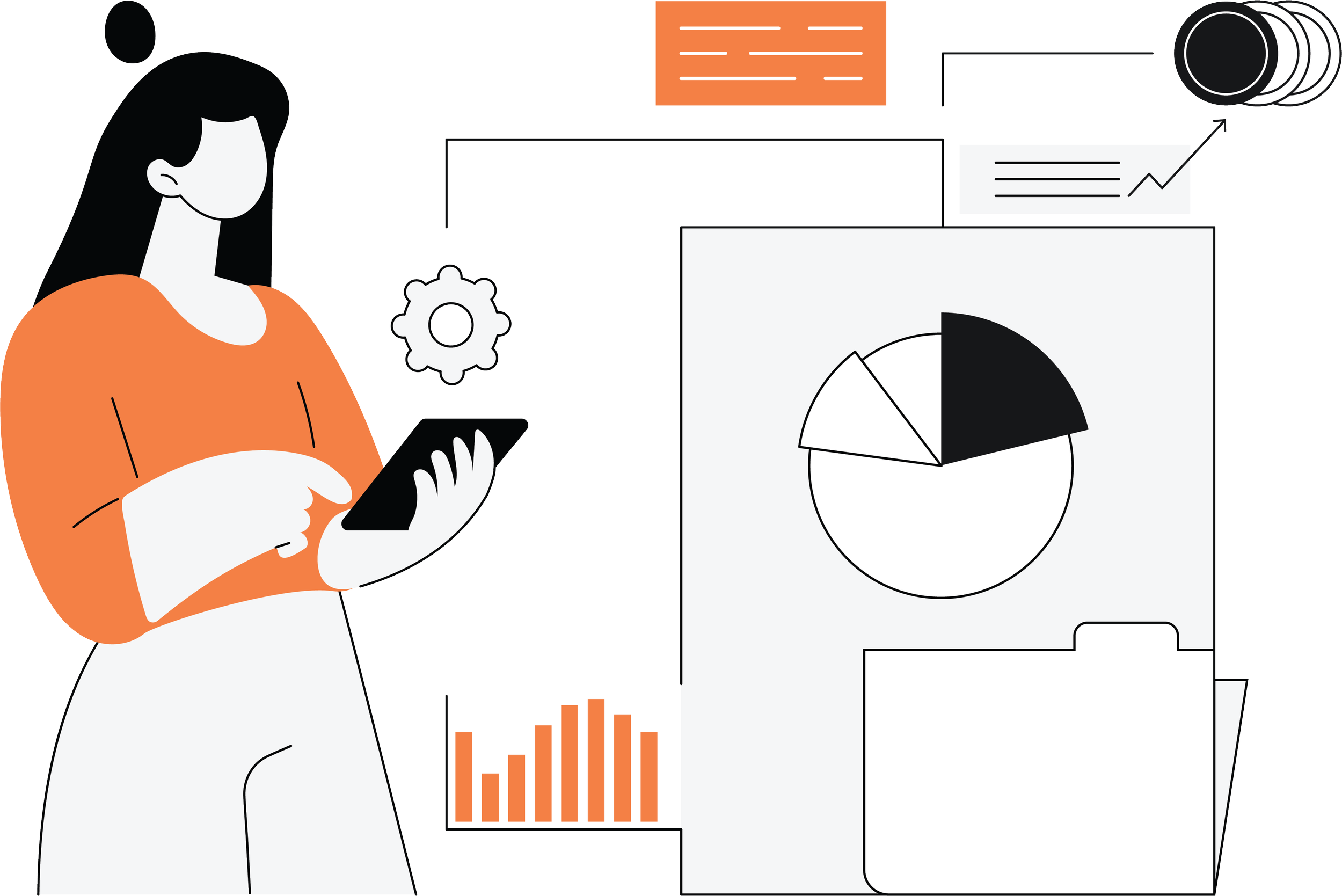 An illustrated woman holding a smartphone with charts and graphs in the background, including a pie chart, bar graph, gear icon, and text boxes.