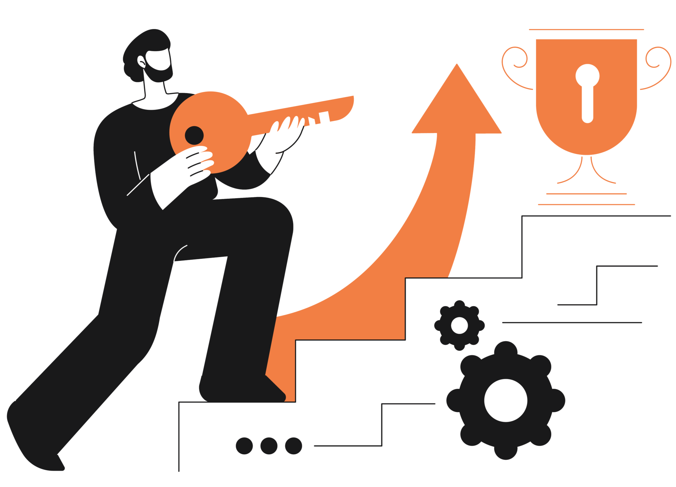 A person with dark hair and a beard, wearing black, holding a large orange key and looking at a large orange arrow pointing upward, with a stylized orange trophy with a keyhole and decorative curls, and black gears and dots on a white staircase background.
