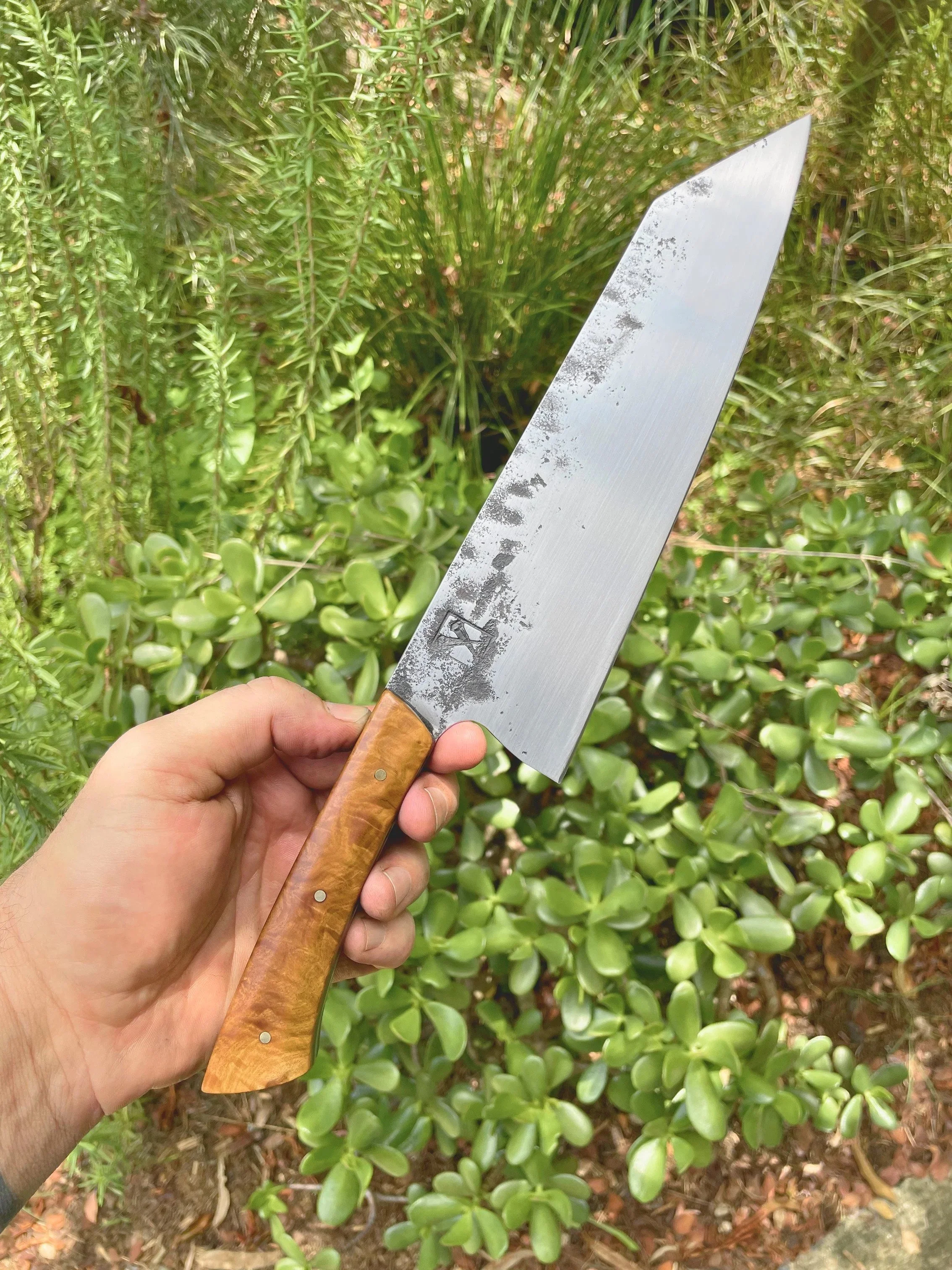Close-up of a hand holding a large kitchen knife with a wooden handle in a garden with green plants and shrubbery.