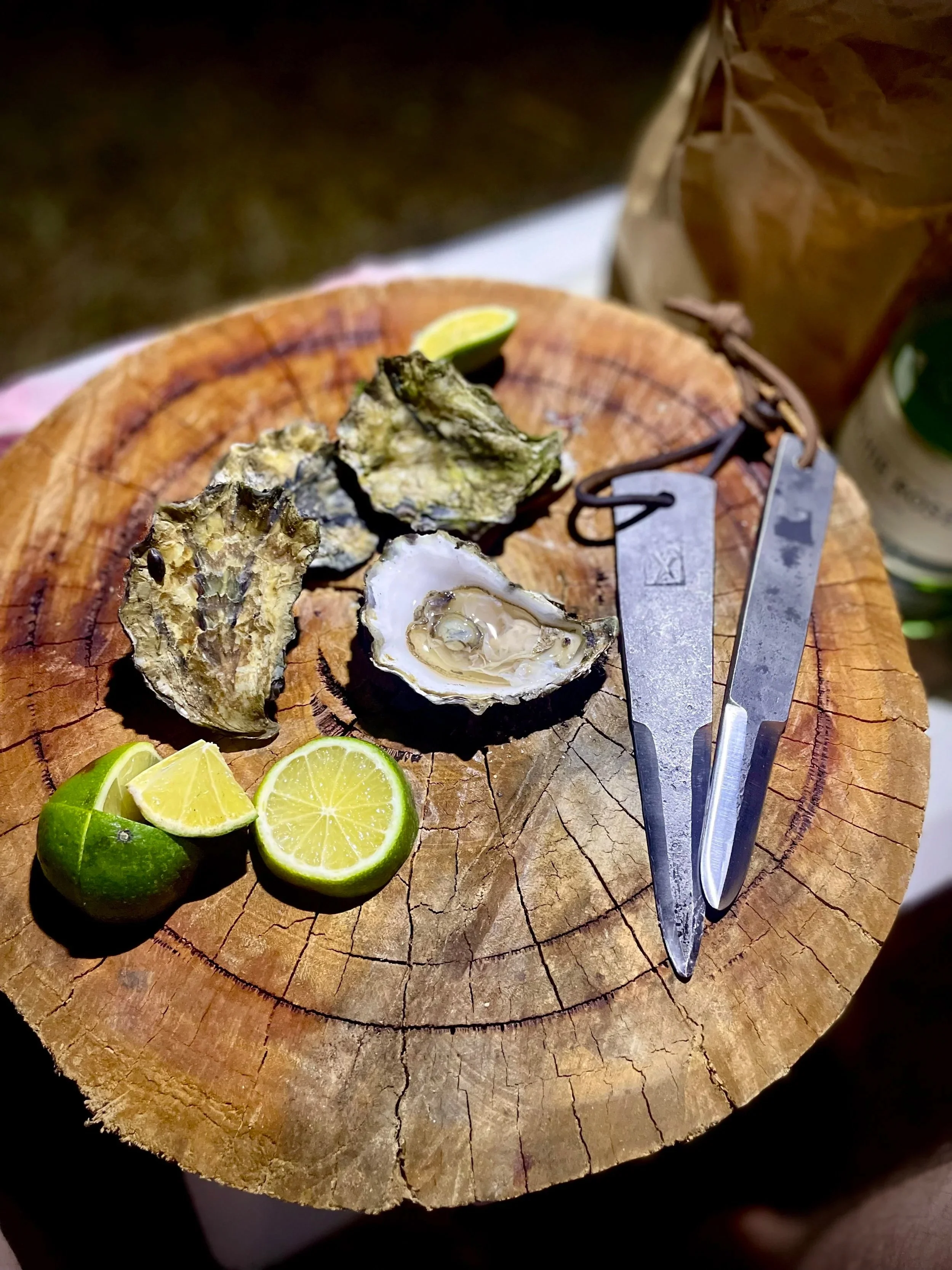 Raw oysters on a wooden cutting board garnished with quartered limes and a lime wedge, with oyster shucking tools nearby.