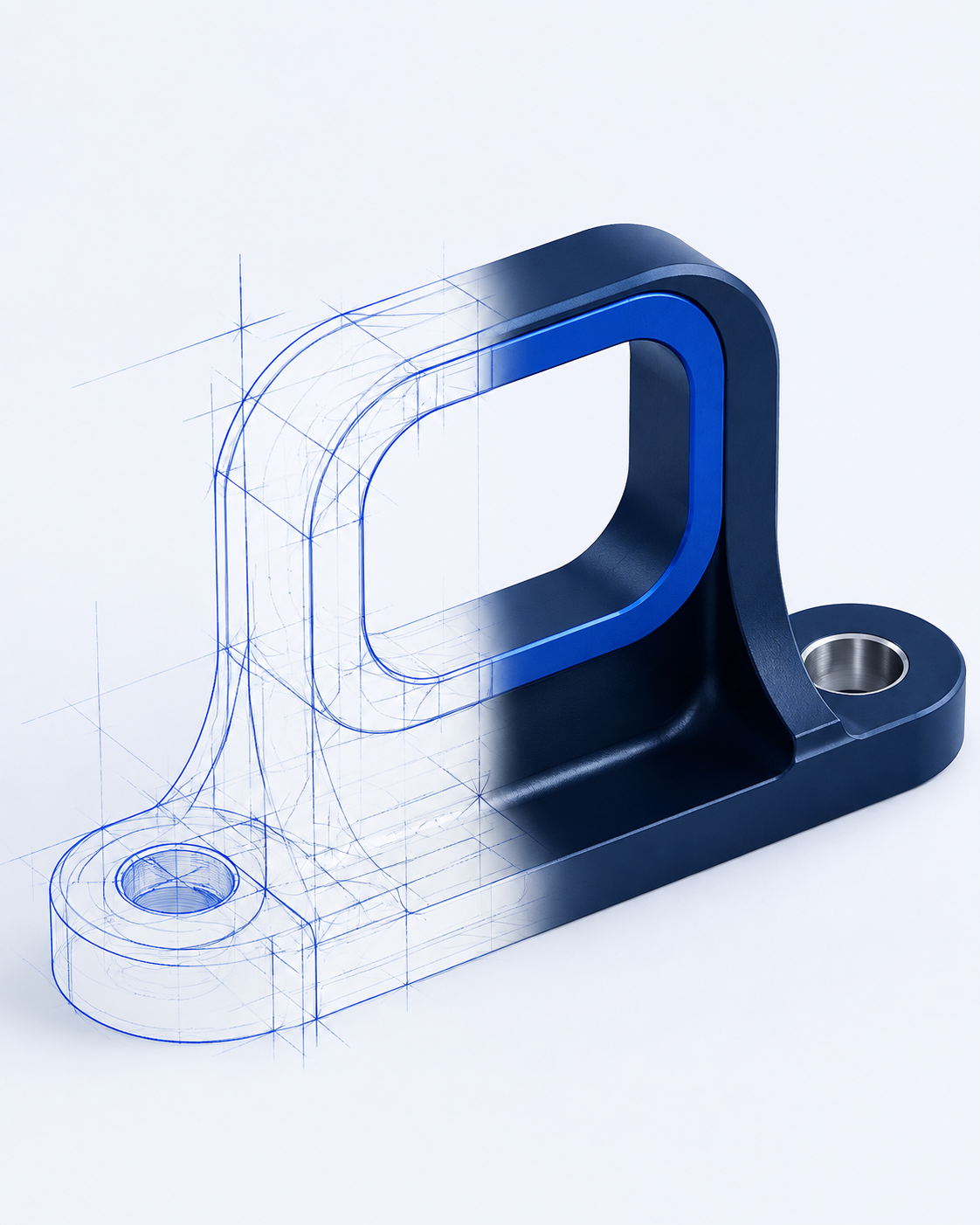Un soporte de ingeniería que pasa de un boceto técnico a un concepto de producto terminado.