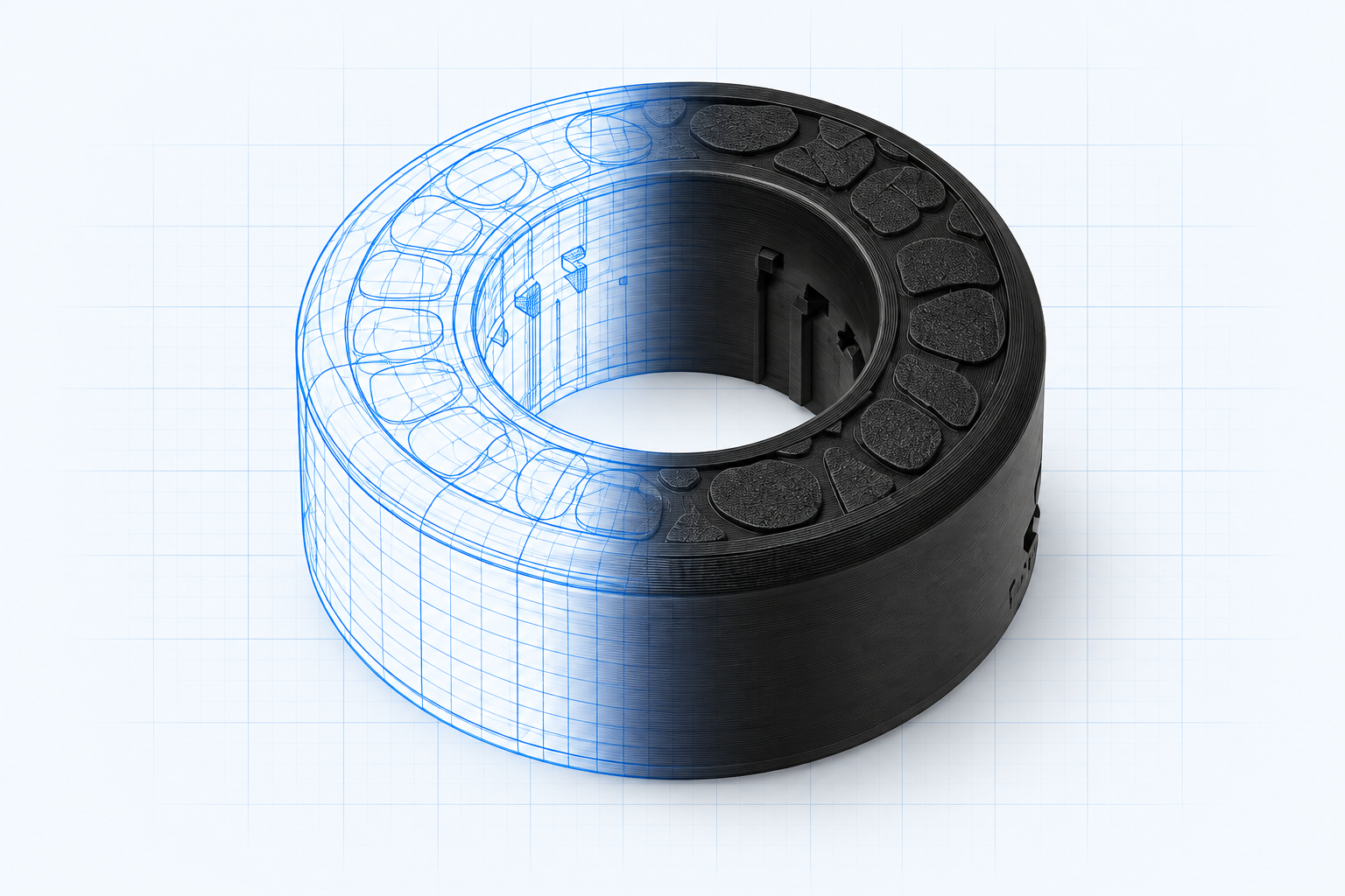 Concept visualization of the IngenioTech Full Guard transitioning from a blue CAD drawing to a finished black guard with a textured top.