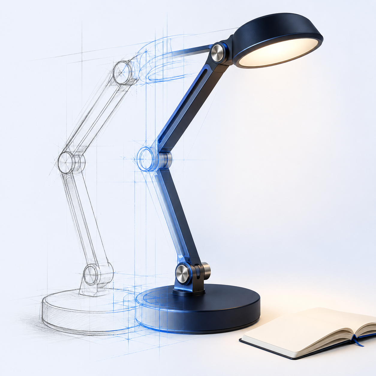 Visualización conceptual de una lámpara de escritorio que pasa de un boceto y líneas CAD azules a una lámpara azul marino terminada que ilumina un cuaderno.