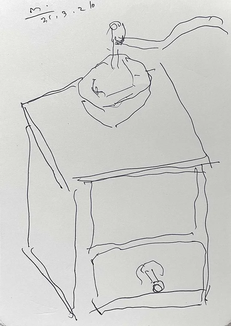 Coffee grinder, ink drawing, 17 x 20 cm, 2025
