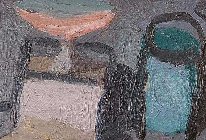 Still life with a bright lid, oil on paper, 17 x 25 cm, 1989