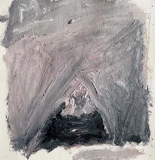 Abstract painting with shades of gray, black, and white, featuring textured brushstrokes with a pyramid shape in the center.
