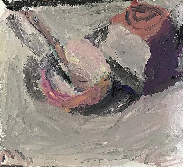 Cube and bowl and spoon, acrylic on canvas, 22 x 25 cm, 2025